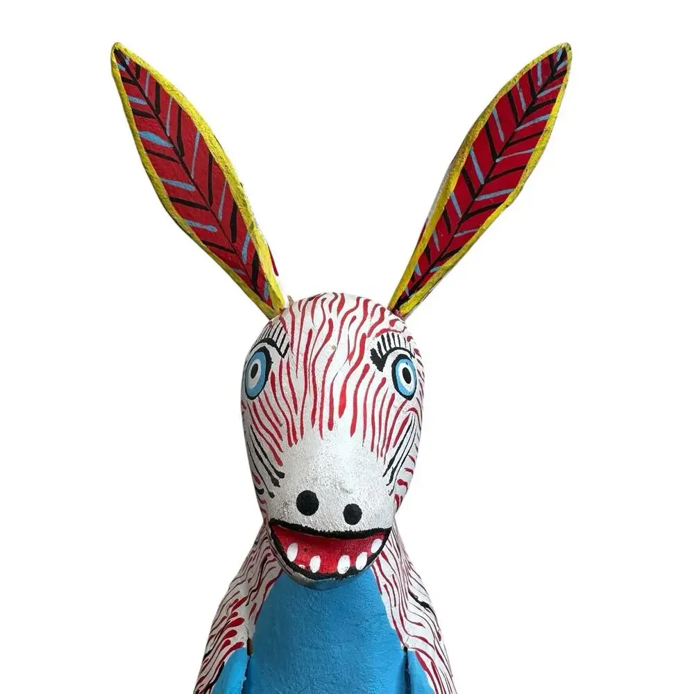Oaxacan Wood Carved Donkey Burro Alebrije Mexican Folk Art Red Blue Yellow Cute